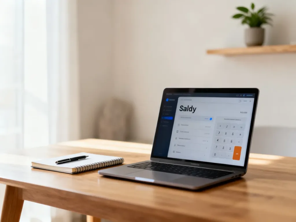 Laptop z prostym kalkulatorem wynagrodzenia 8800 brutto oraz notes na biurku w minimalistycznym, domowym biurze.