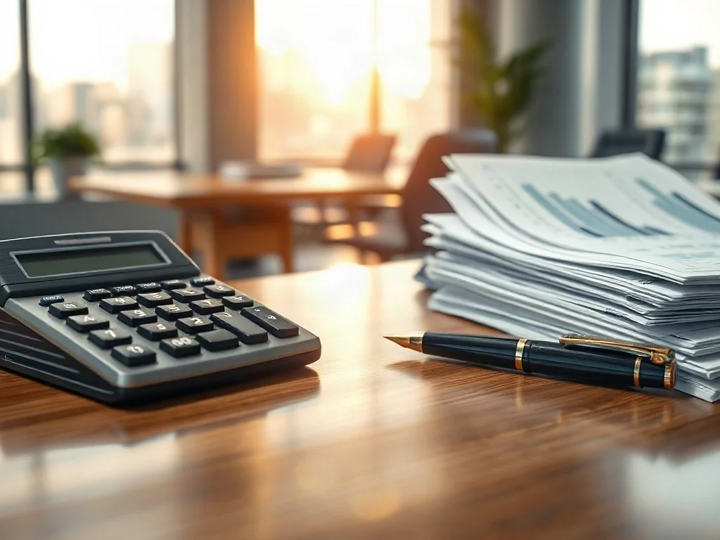 Profesjonalne biurko z kalkulatorem, piórem i raportami finansowymi, symbolizujące analizę ekonomiczną w pracy biurowej.