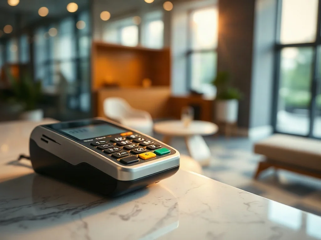 Nowoczesny terminal płatniczy na marmurowym blacie, symbolizujący wygodę i szybkość płatności bezgotówkowych.