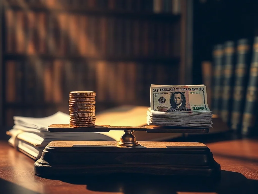 Waga z monetami i banknotami na tle biblioteki, symbolizująca porównanie szkoły austriackiej z keynesizmem.