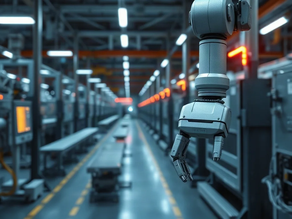 Zautomatyzowane ramię robotyczne precyzyjnie wykonuje montaż w nowoczesnej fabryce z oświetleniem przemysłowym.