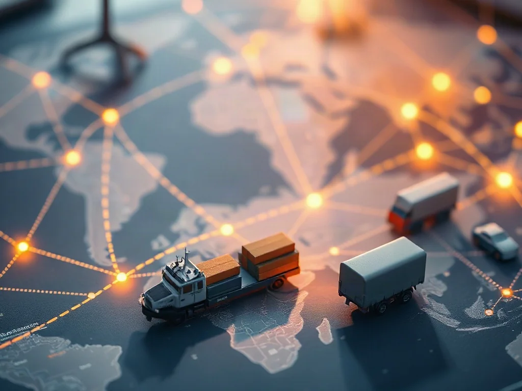 Miniaturowy statek towarowy i ciężarówka na mapie świata z cyfrowymi liniami połączeń, ilustrujące globalne łańcuchy dostaw.