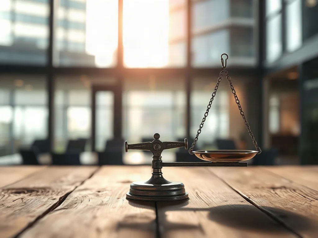 Waga szalkowa na drewnianym stole symbolizująca równowagę gospodarczą w kontekście stóp procentowych.