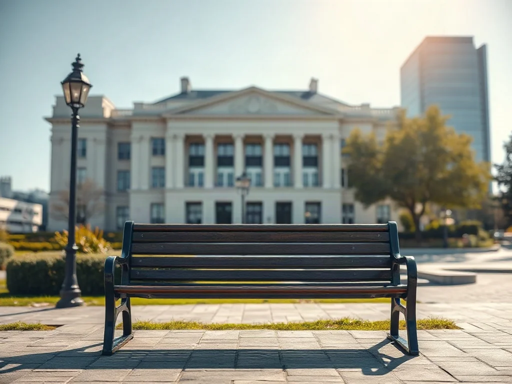 Pusta ławka w parku i latarnia uliczna na tle miejskiej biblioteki, symbolizujące dostępność dóbr publicznych w mieście.