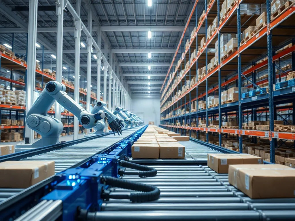 Nowoczesny, zautomatyzowany magazyn z robotami sortującymi paczki na taśmociągach, symbolizujący wydajność logistyki.