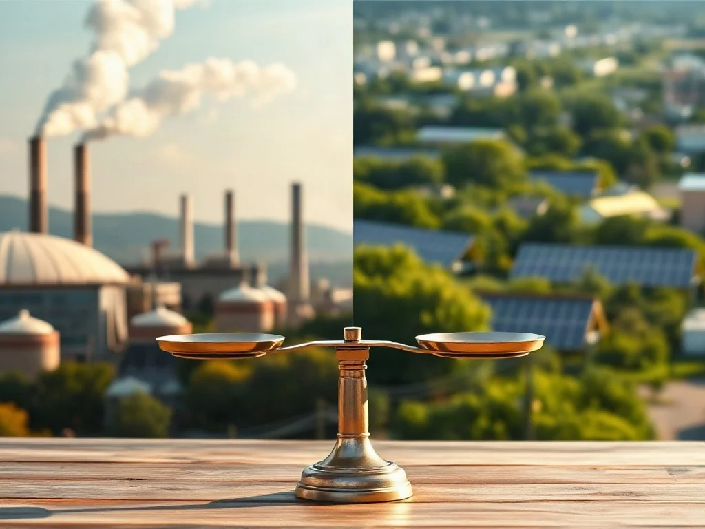 Waga symbolizująca balans między nowoczesnym przemysłem a ekologicznymi źródłami energii w kontekście polityki klimatycznej.