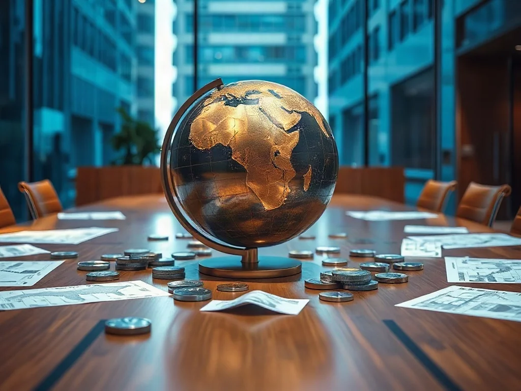 Brązowy globus na stole konferencyjnym w otoczeniu symboli walut i map szlaków handlowych, symbolizujący globalną współpracę.