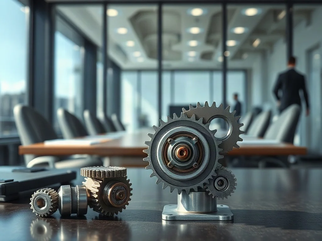 Mechanizm zębaty na biurku symbolizujący złożoność procesów operacyjnych i zarządzanie ryzykiem w firmie.