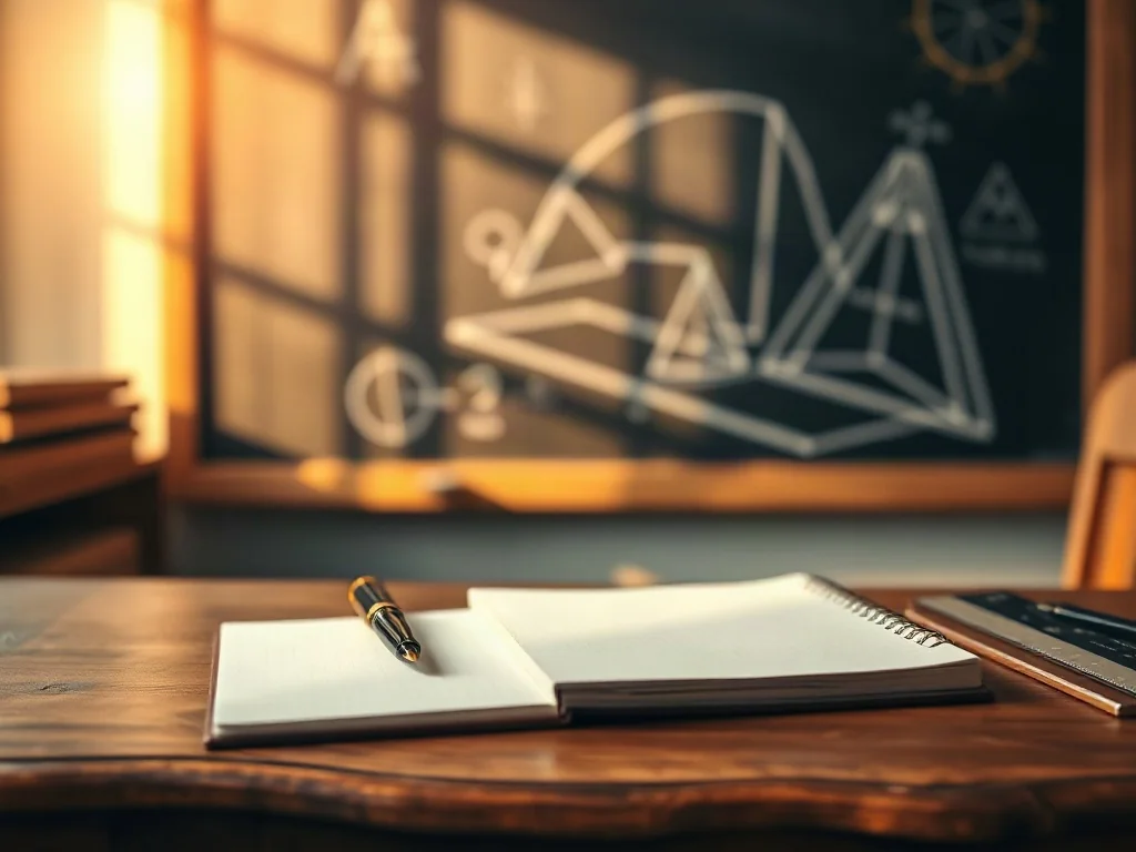 Drewniane biurko z przyborami kreślarskimi i notatnikiem na tle tablicy z matematycznymi wykresami modeli ekonomicznych.