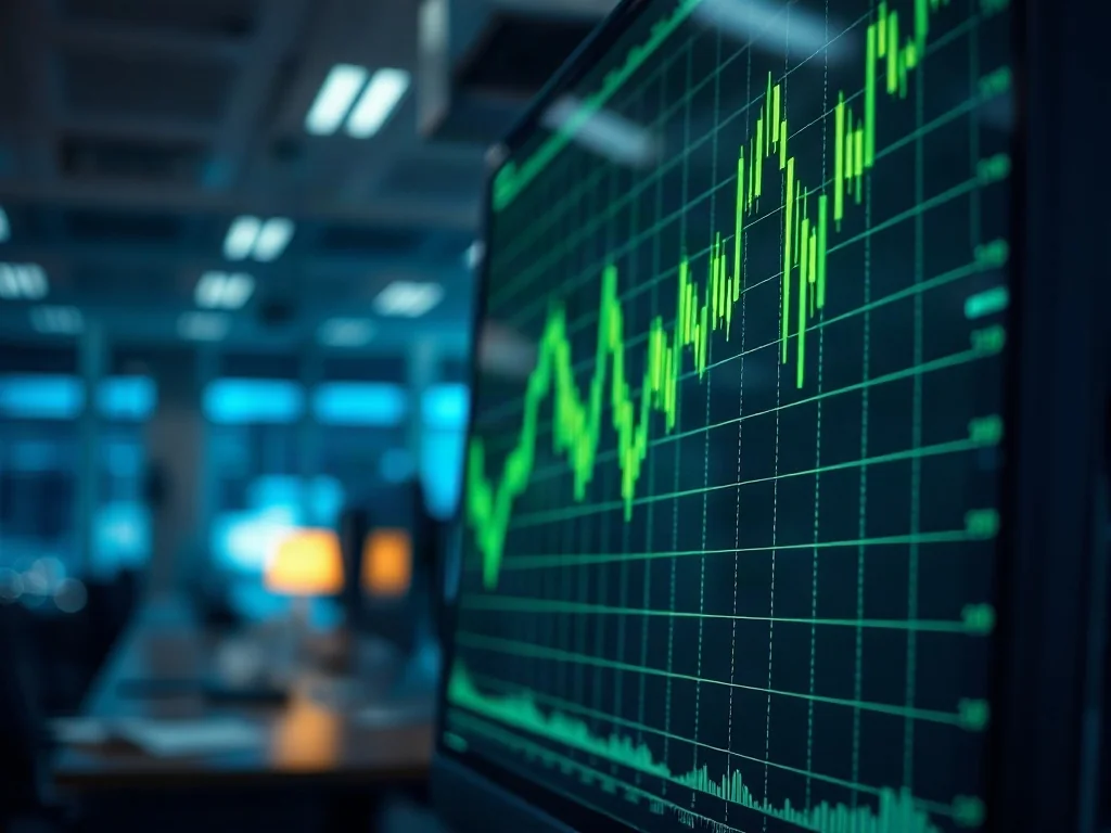 Cyfrowy wykres giełdowy z rosnącymi zielonymi słupkami na ekranie monitora, symbolizujący wzrosty na rynku finansowym.