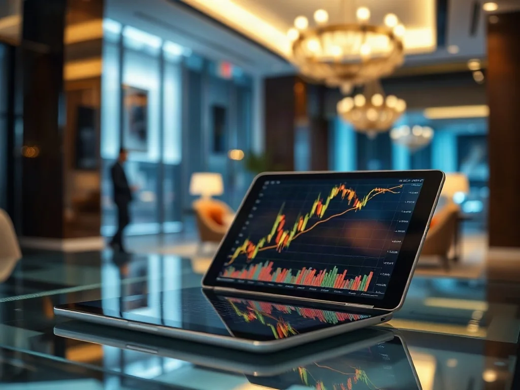 Nowoczesny tablet z wykresami giełdowymi na biurku w eleganckim biurze, symbolizujący analizę rynków finansowych.