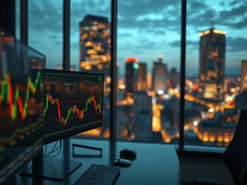 Nowoczesne stanowisko traderskie z monitorami wyświetlającymi wykresy giełdowe i dane ekonomiczne na tle panoramy miasta.