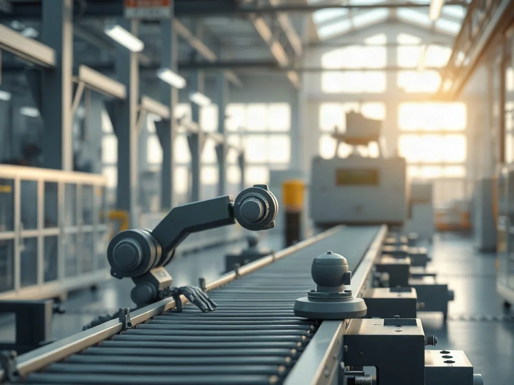 Zautomatyzowana linia produkcyjna z robotycznym ramieniem, obrazująca spadek wydajności w procesie wytwórczym.