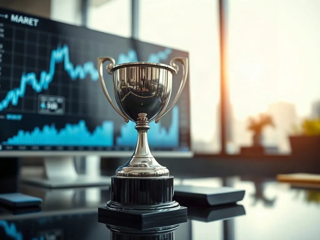 Błyszczące trofeum na biurku na tle wykresów finansowych, symbolizujące sukces i wysoką konkurencyjność rynkową.