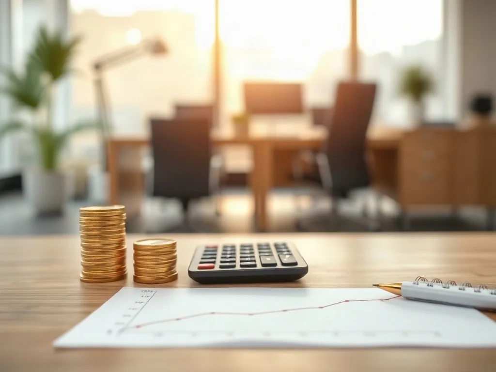 Stos na biurku z monetami, kalkulatorem i wykresem budżetu, ilustrujący koncepcję ograniczeń finansowych.