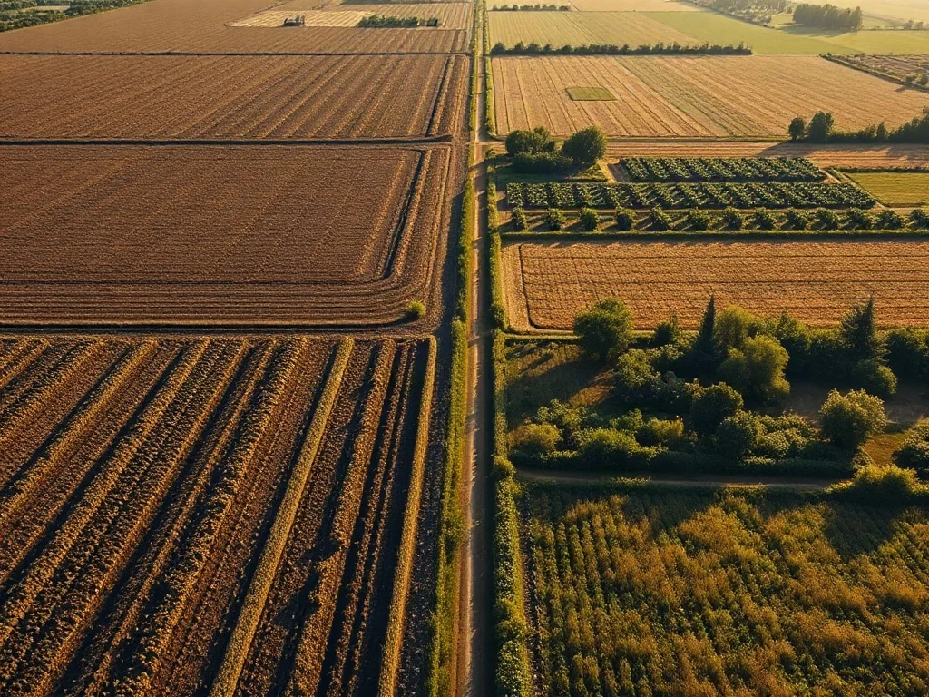 Porównanie tradycyjnego rolnictwa przemysłowego z bioróżnorodnym gospodarstwem zrównoważonym w świetle poranka.