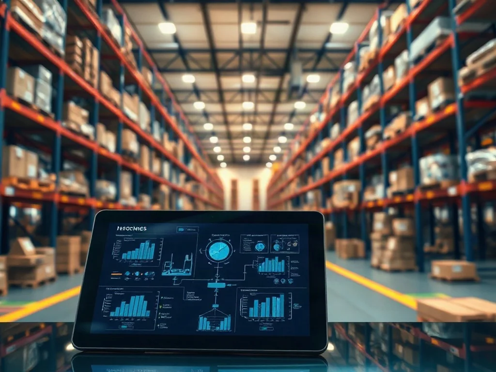 Nowoczesny magazyn z automatycznymi systemami oraz tablet wyświetlający dane logistyczne i procesy zarządzania zapasami.