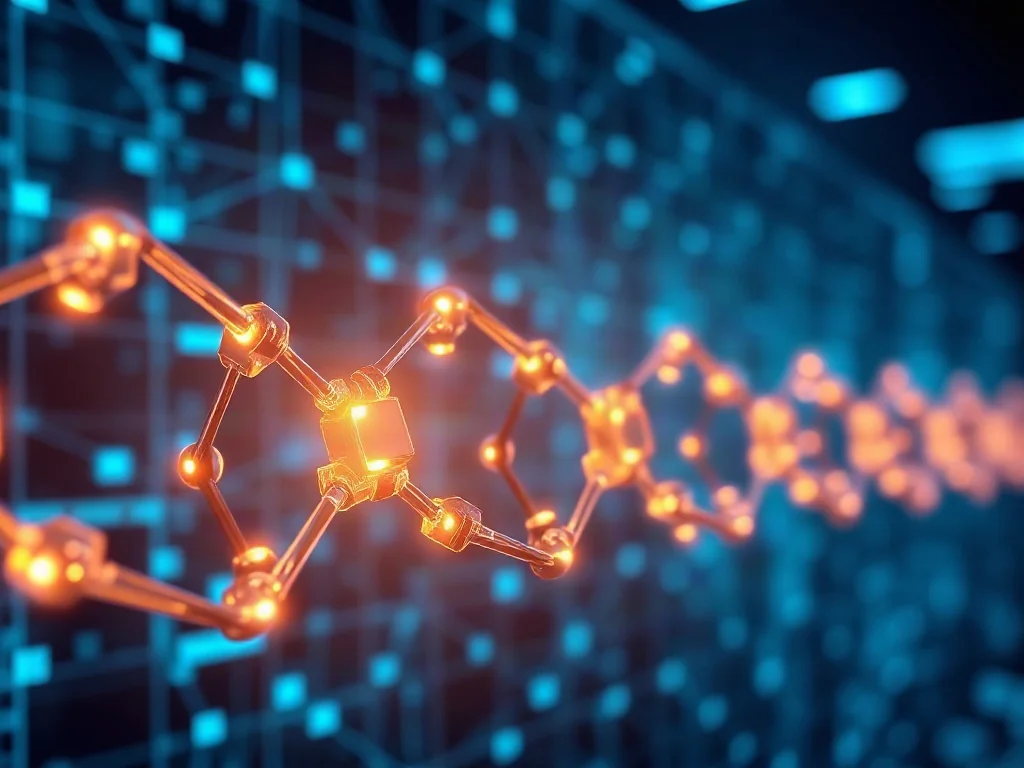 Wizualizacja 3D przedstawiająca połączone bloki danych w sieci blockchain, symbolizująca cyfrową strukturę technologii.