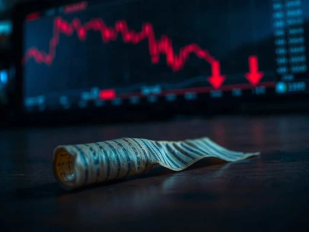 Stara taśma giełdowa na biurku na tle wykresów z spadającymi notowaniami, symbolizująca kryzys finansowy.