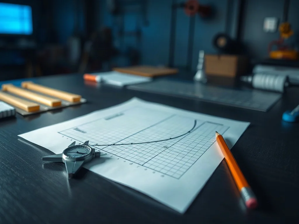 Profesjonalny projekt techniczny z wykresem krzywej wydajności i suwmiarką na biurku, ilustrujący analizę punktu optimum.