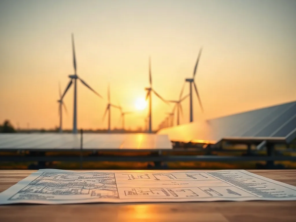 Nowoczesna farma wiatrowa i panele słoneczne obok planów inwestycyjnych, symbolizujące rozwój sektora zielonej energii.