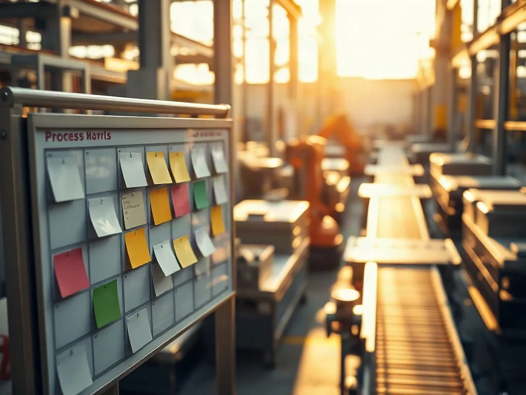 Tablica Kanban na stanowisku produkcyjnym z rozmytą linią montażową w tle, ilustrująca optymalizację procesów wytwórczych.
