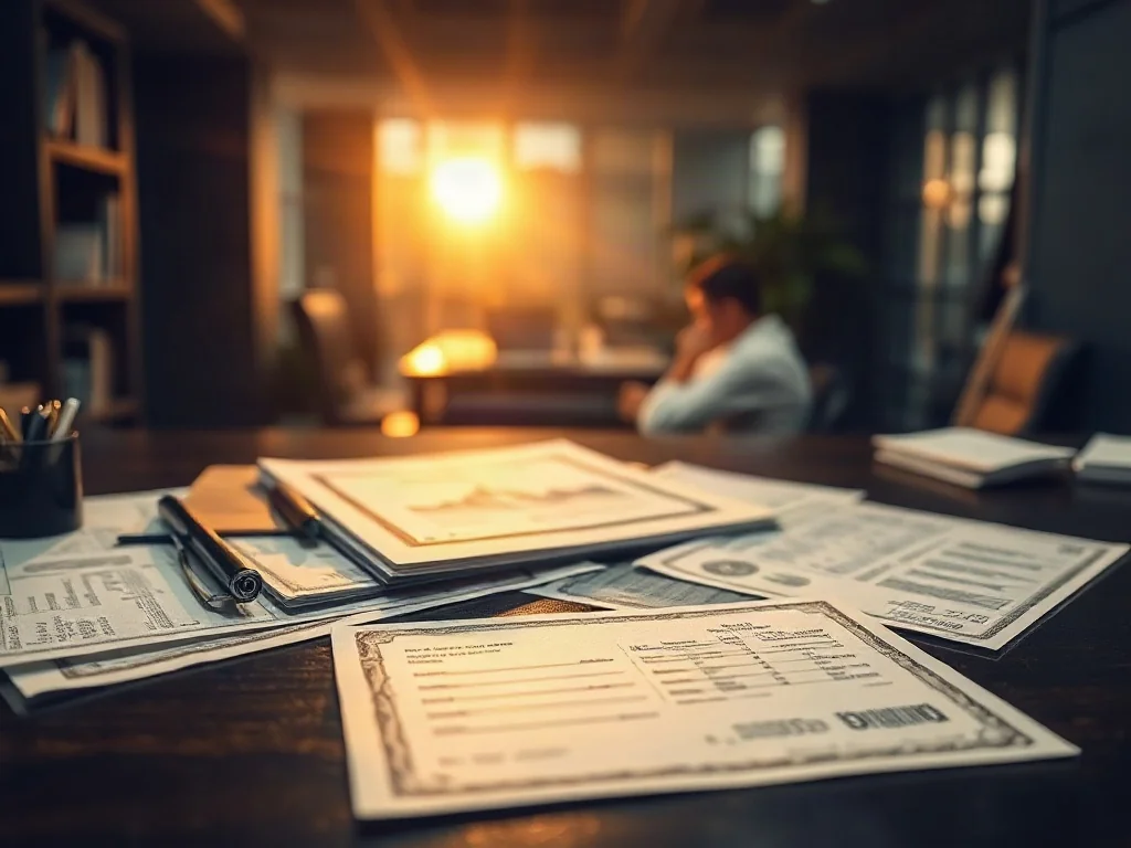Dokumenty finansowe, akcje i obligacje leżące na drewnianym biurku, symbolizujące różnorodne rodzaje papierów wartościowych.