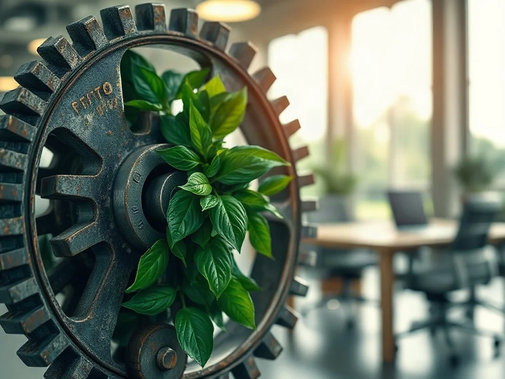 Mechanizm z metalowych części i zielonych liści symbolizujący połączenie przemysłu z ekologią w gospodarce obiegu zamkniętego.