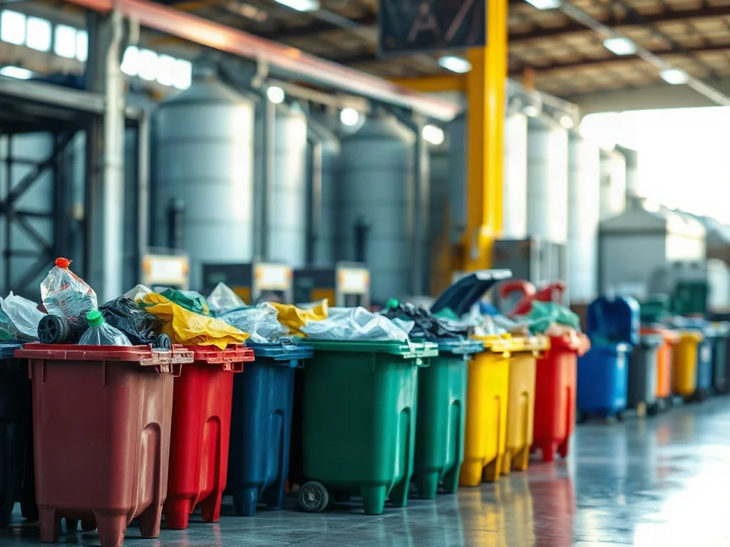 Uporządkowane pojemniki na odpady przemysłowe w hali fabrycznej, gotowe do segregacji metalu, plastiku i szkła.