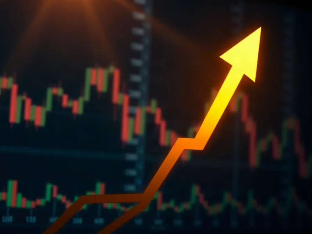Złota, wznosząca się strzałka na tle wykresów giełdowych, symbolizująca trend wzrostowy i hossę na rynku finansowym.