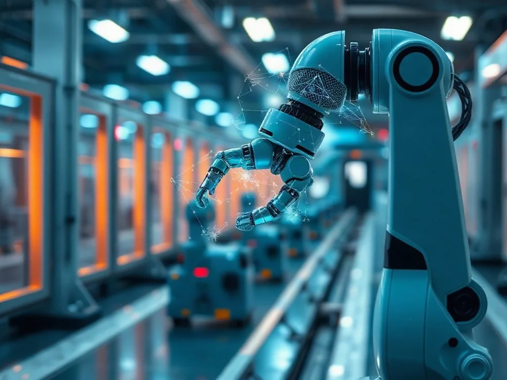 Zrobotyzowane ramię w nowoczesnej fabryce obsługujące cyfrowy interfejs danych, symbolizujące technologie Przemysłu 4.0.