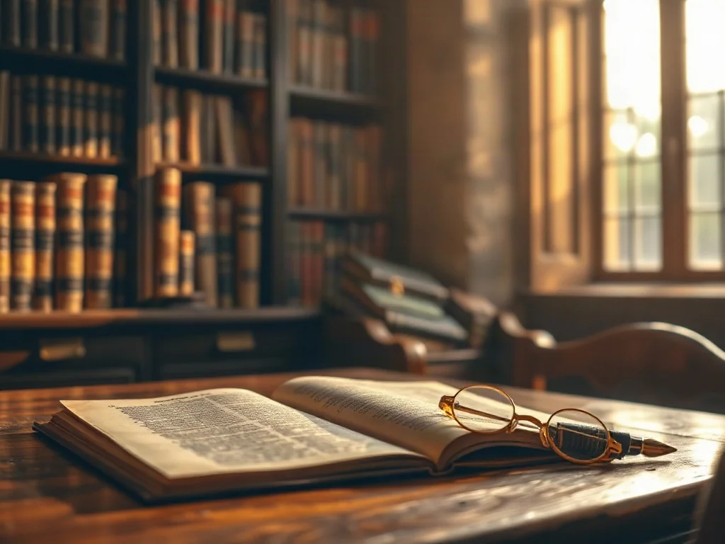 Zabytkowe biurko z otwartą księgą, piórem i okularami w przytulnej bibliotece, nawiązujące do klasycznej myśli ekonomicznej.