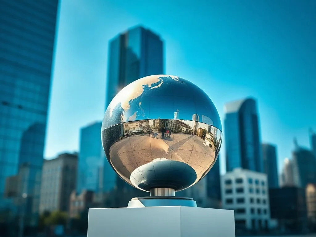 Metalowy globus na tle nowoczesnych biurowców, symbolizujący globalną gospodarkę i rozwój ekonomiczny.
