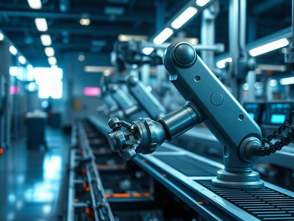 Nowoczesne ramię robotyczne wykonujące precyzyjne prace montażowe na zautomatyzowanej linii produkcyjnej.