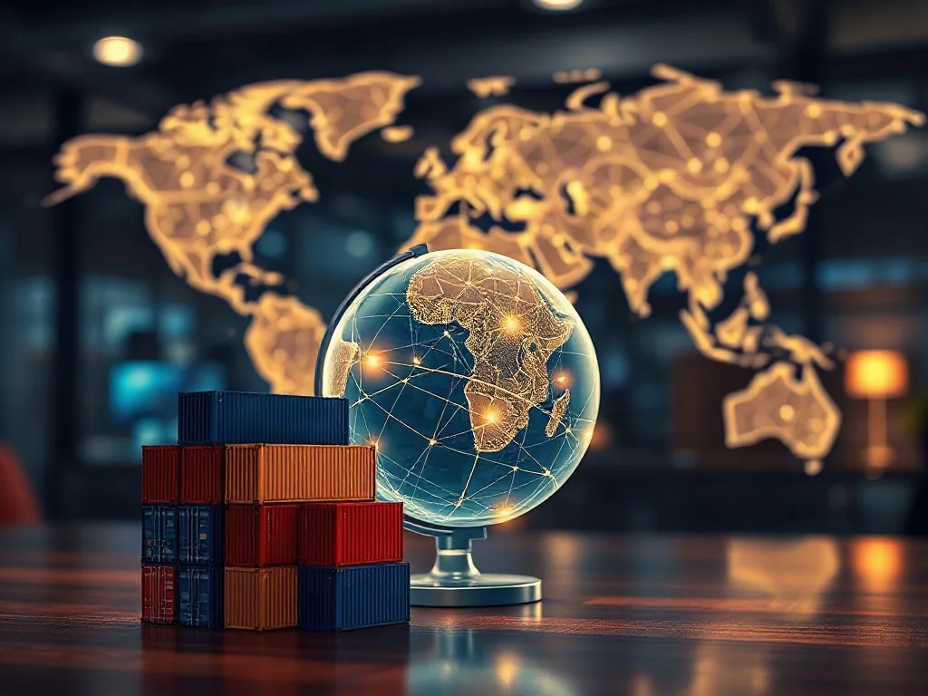 Stylowy globus na biurku z hologramami szlaków handlowych i kontenerami, symbolizujący globalną wymianę gospodarczą.