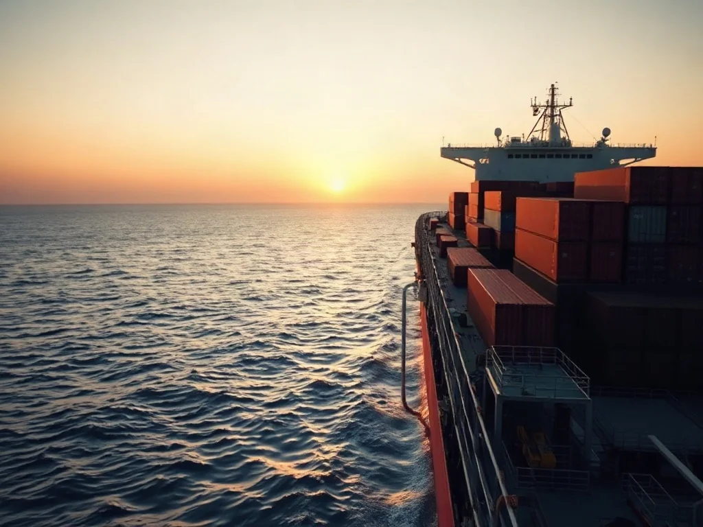 Wielki kontenerowiec płynący przez spokojny ocean podczas zachodu słońca, symbolizujący globalny transport morski.