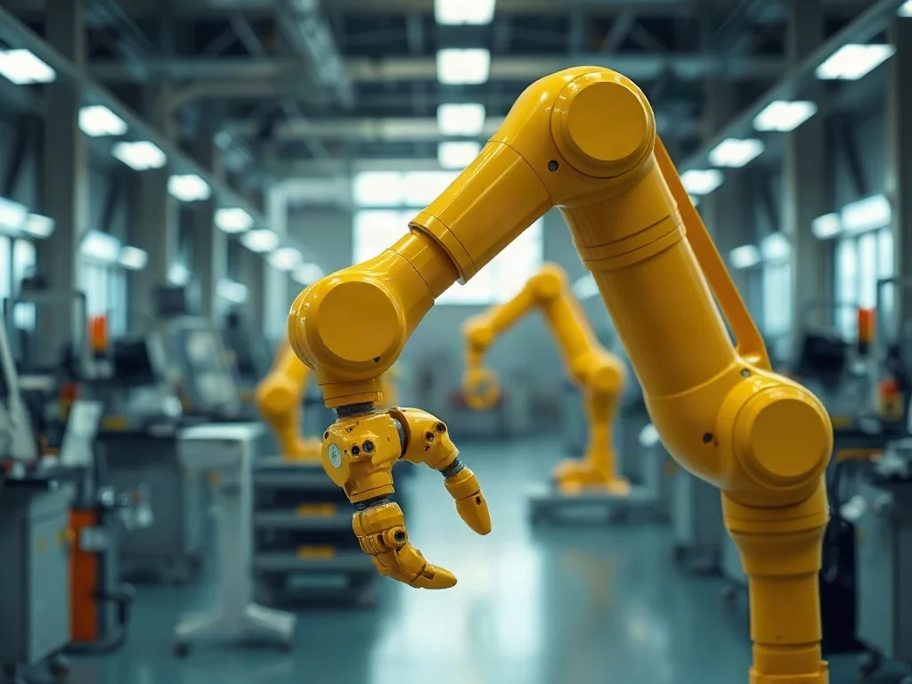 Żółte ramię zrobotyzowane pracujące na nowoczesnej, zautomatyzowanej linii montażowej w fabryce.