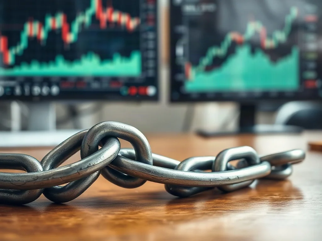 Ciężki stalowy łańcuch na drewnianym stole na tle wykresów finansowych, symbolizujący ograniczenia ekonomiczne.