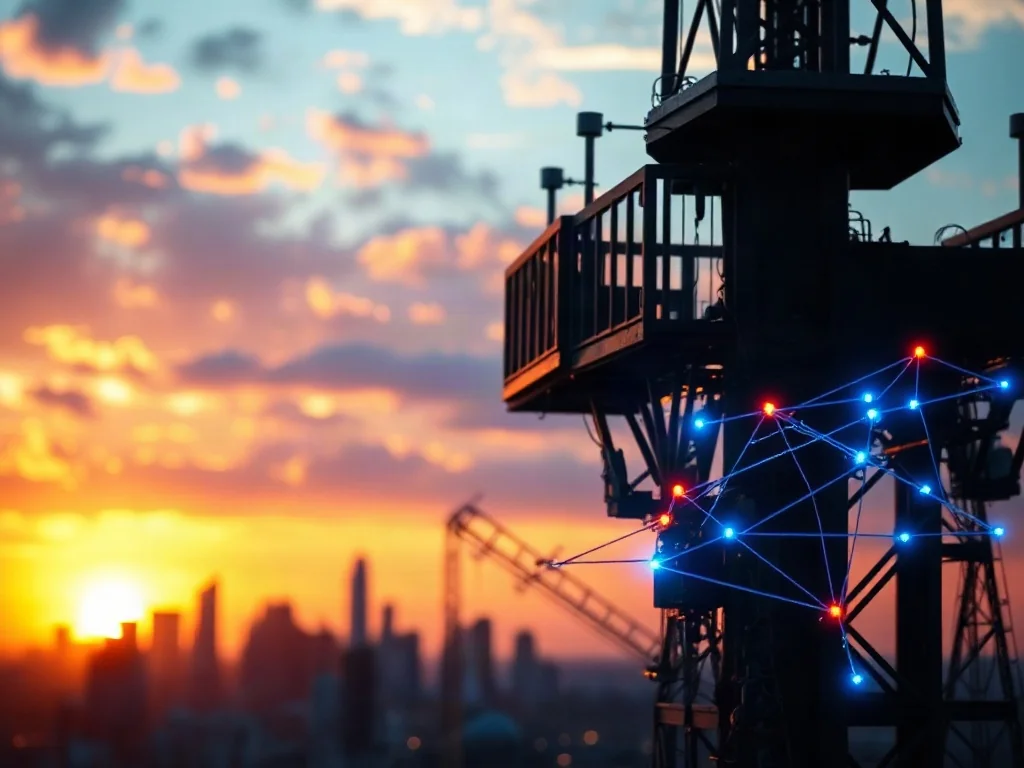 Sylwetka wieży 5G na tle zachodu słońca z cyfrowymi liniami przesyłu danych, symbolizująca nowoczesną infrastrukturę sieciową.