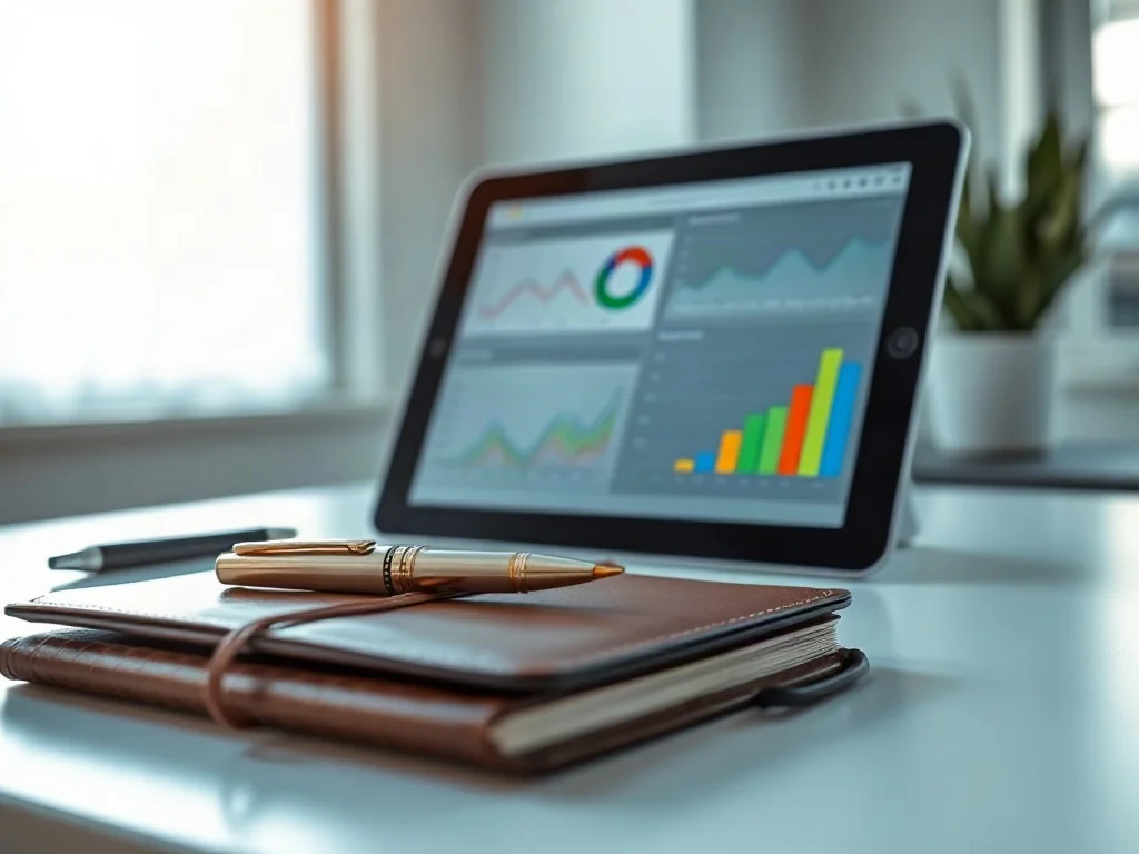 Tablet z wykresami produktywności oraz notatnik na biurku, symbolizujące analizę efektywności pracy.