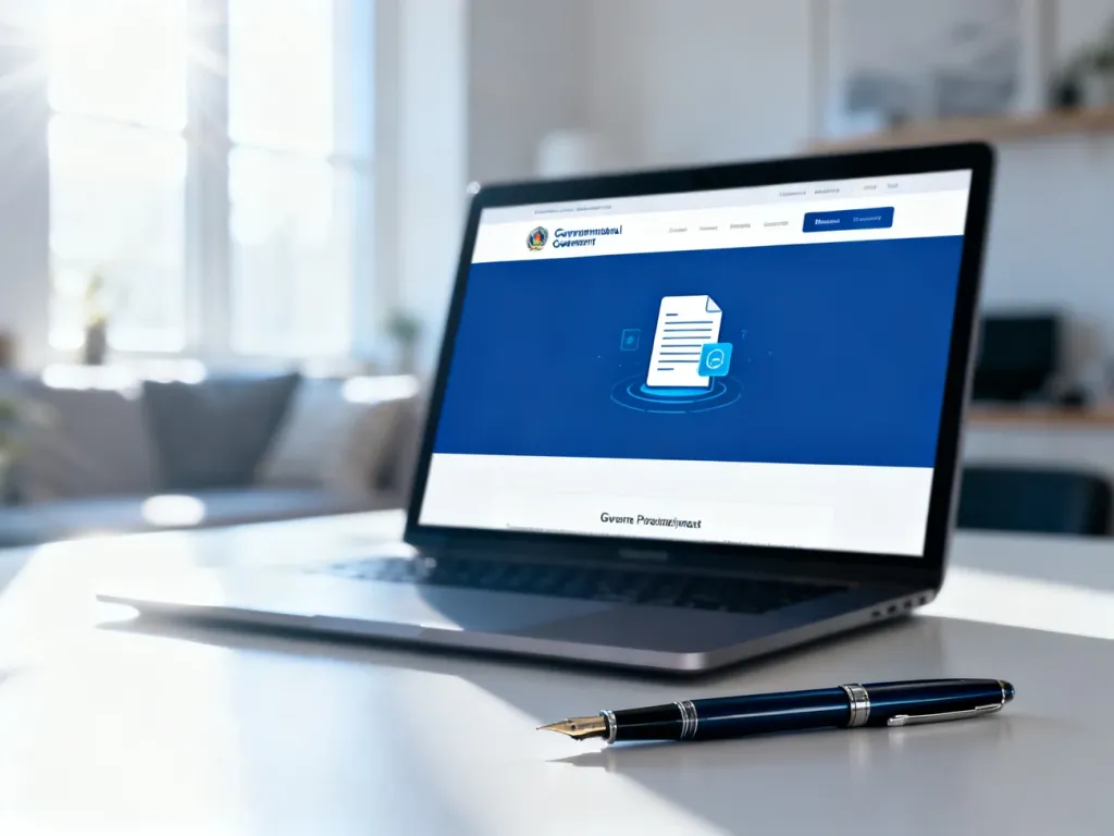 Ekran laptopa z rządowym portalem usług elektronicznych oraz pióro na biurku, symbolizujące proces uzyskiwania zaświadczenia.