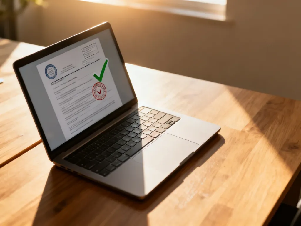 Otwarty laptop na biurku z widocznym na ekranie oficjalnym dokumentem z pieczęcią, symbolizujący proces uzyskania zaświadczenia.