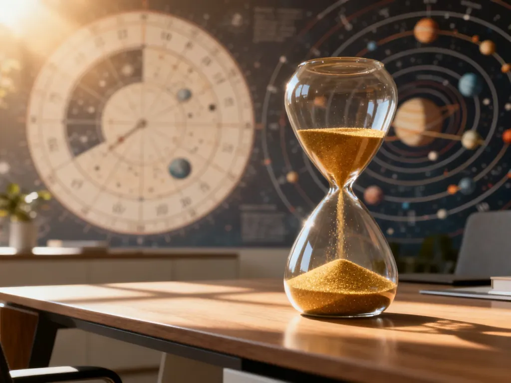 Klepsydra ze złotym piaskiem na tle symboli astronomicznych, obrazująca upływ czasu w skali roku.